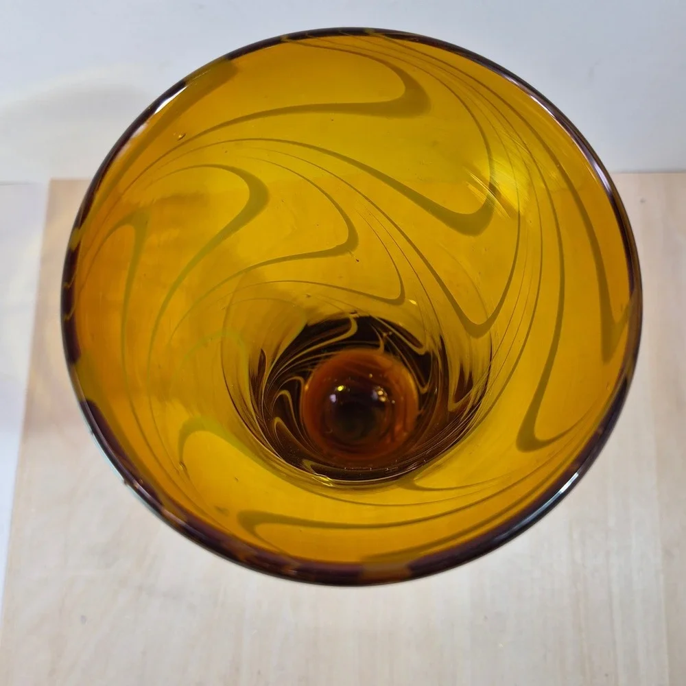 Vintage Amber Art Glass Vase White‎ Swirl Pulled Feather Trumpet Vase 9.5 inch